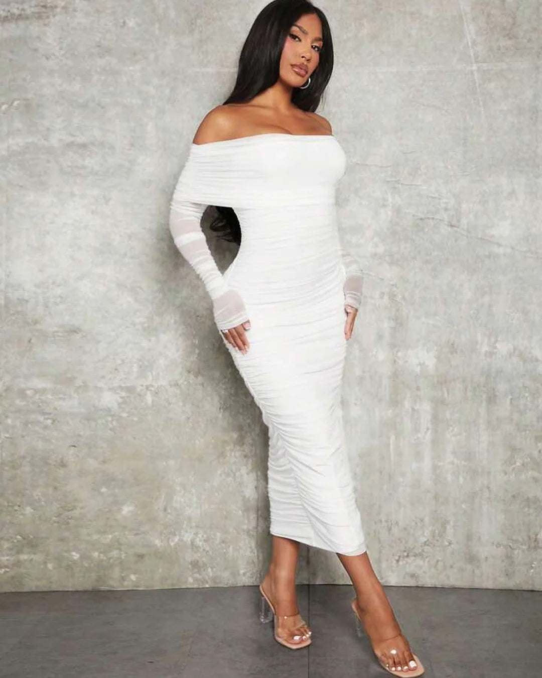 Off Shoulder Bodycon Pleated White Bodycon Maxi Dress