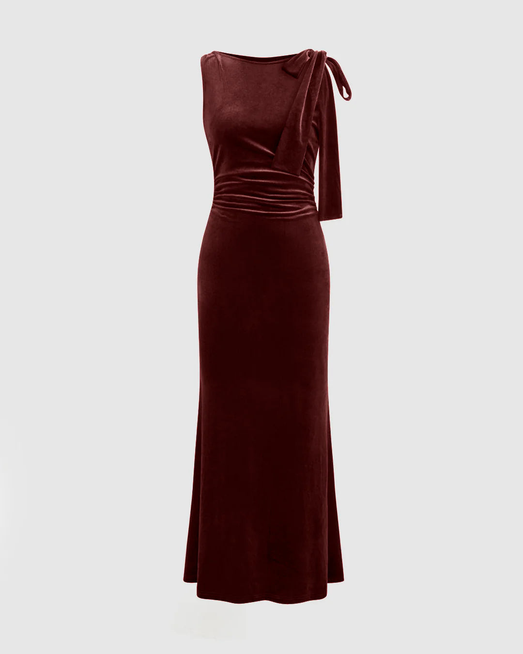 Velvet Boat Neck Knotted Ruched Maxi Dress In Cherry Red