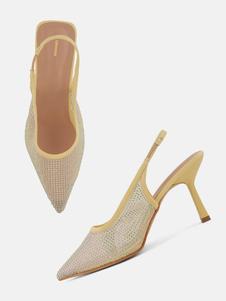 Yellow Embellished Pointed Toe Stiletto Heeled Pumps