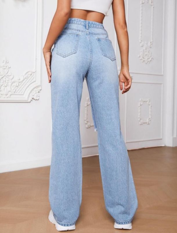 High Waist Knee Cut Jeans - Ice Blue