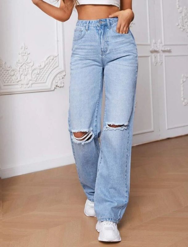 High Waist Knee Cut Jeans - Ice Blue