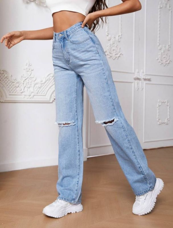 High Waist Knee Cut Jeans - Ice Blue