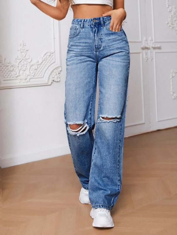 High Waist Knee Cut Jeans - Medium Blue