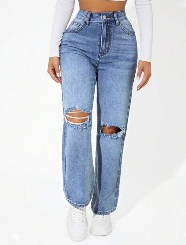 Mom Knee Cut Jeans- Blue