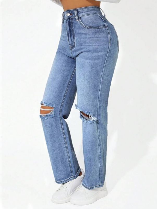 Mom Knee Cut Jeans- Blue