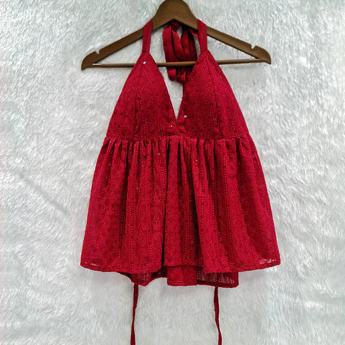 Maroon Chikankari Chiffon Halter Neck Top