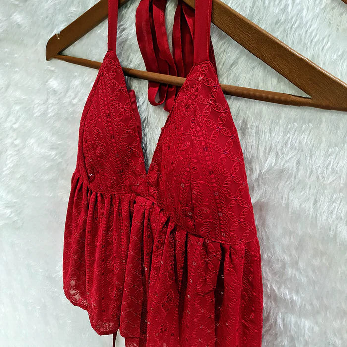 Maroon Chikankari Chiffon Halter Neck Top