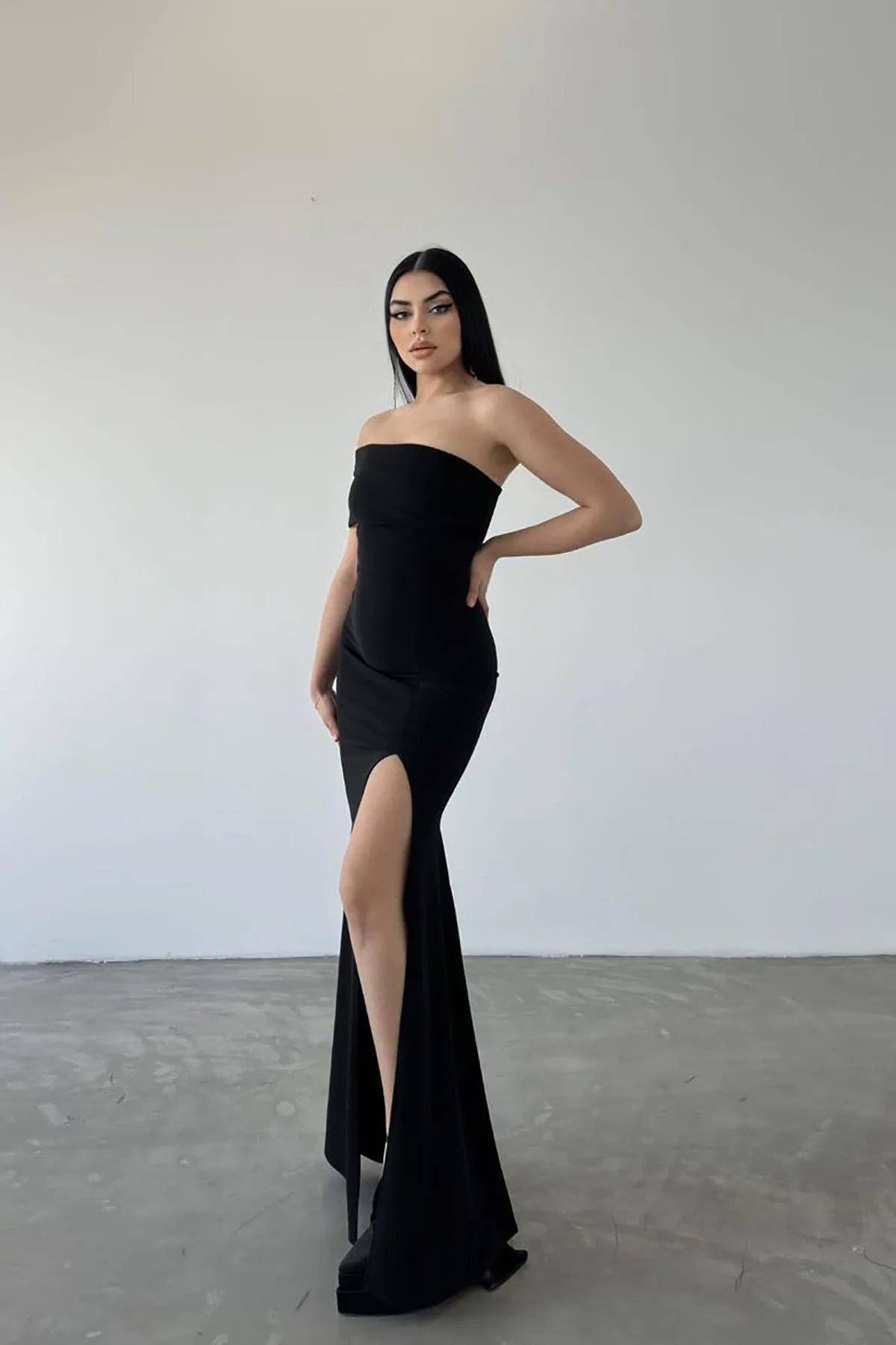 Deafox Black Crepe Fabric Strapless One-Shoulder Slit Evening Dress