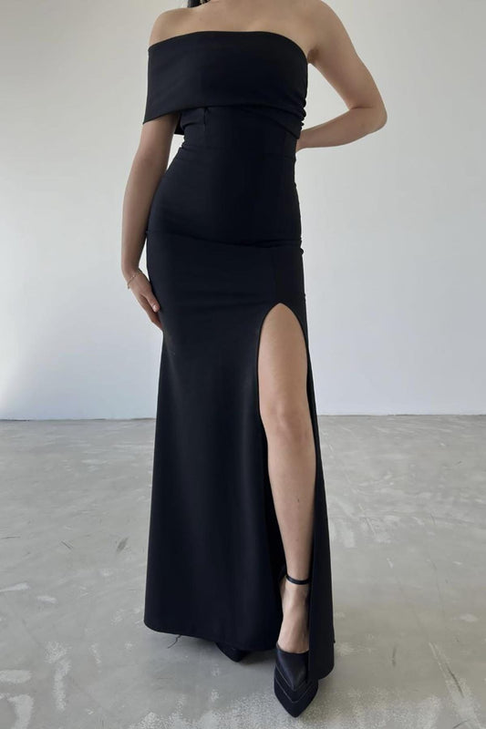 Deafox Black Crepe Fabric Strapless One-Shoulder Slit Evening Dress