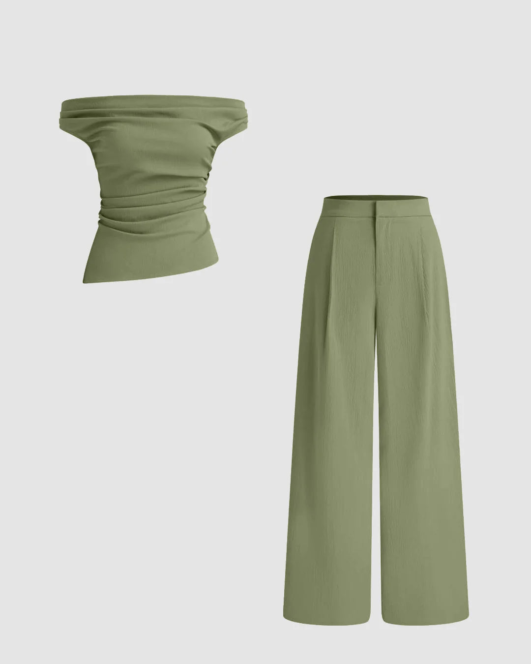 Off-Shoulder Ruched Top With Straight Leg Trousers