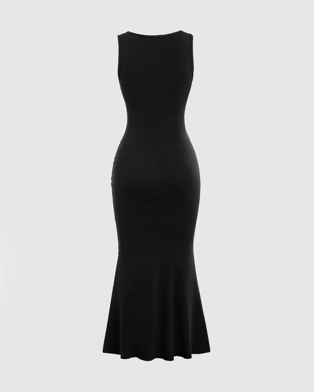 Solid Color Square Neckline Pleated Waist & Sleeveless Black Dress