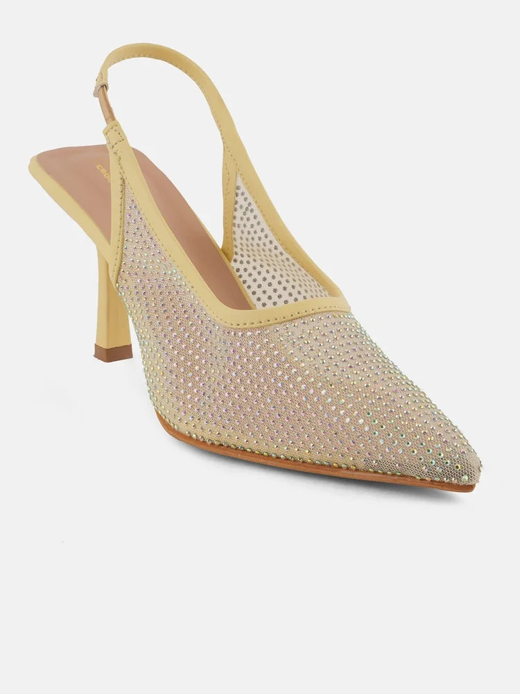 Yellow Embellished Pointed Toe Stiletto Heeled Pumps