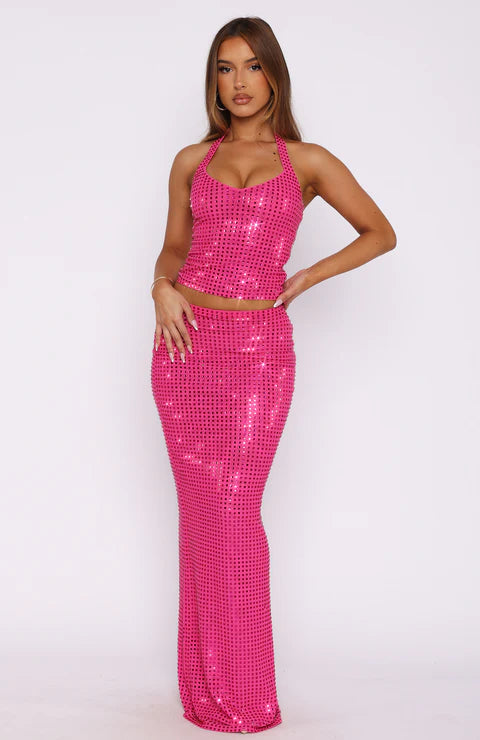 Good Vibes Only Embellished Maxi Skirt Fuschia