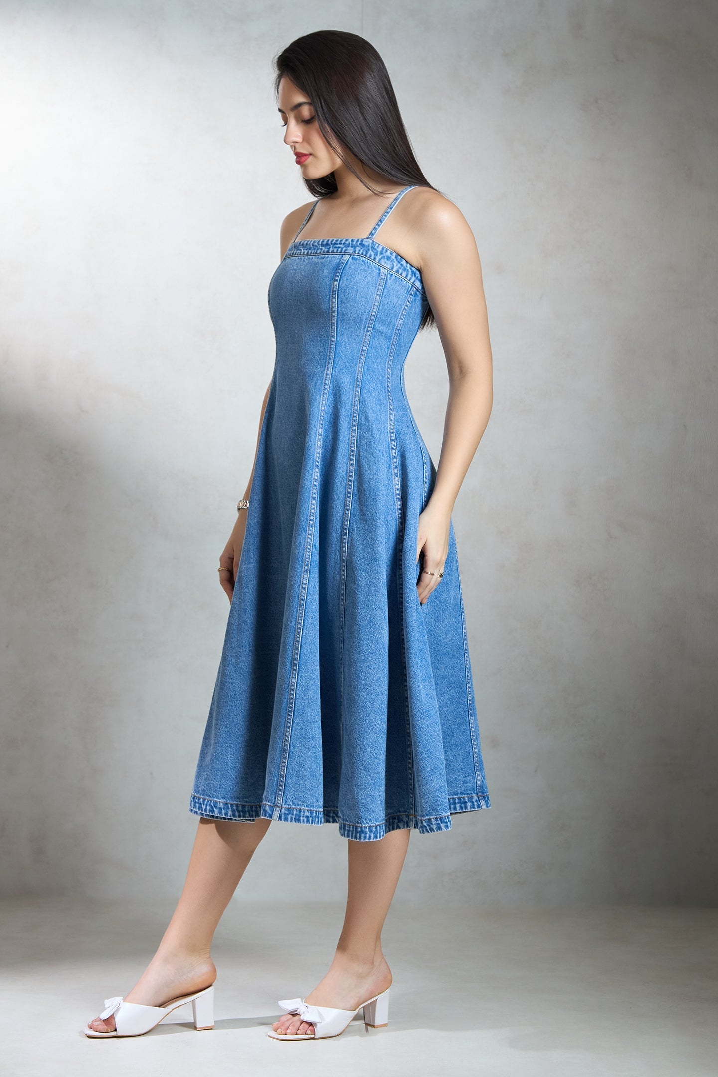 Elodie Denim Banded Midi Dress