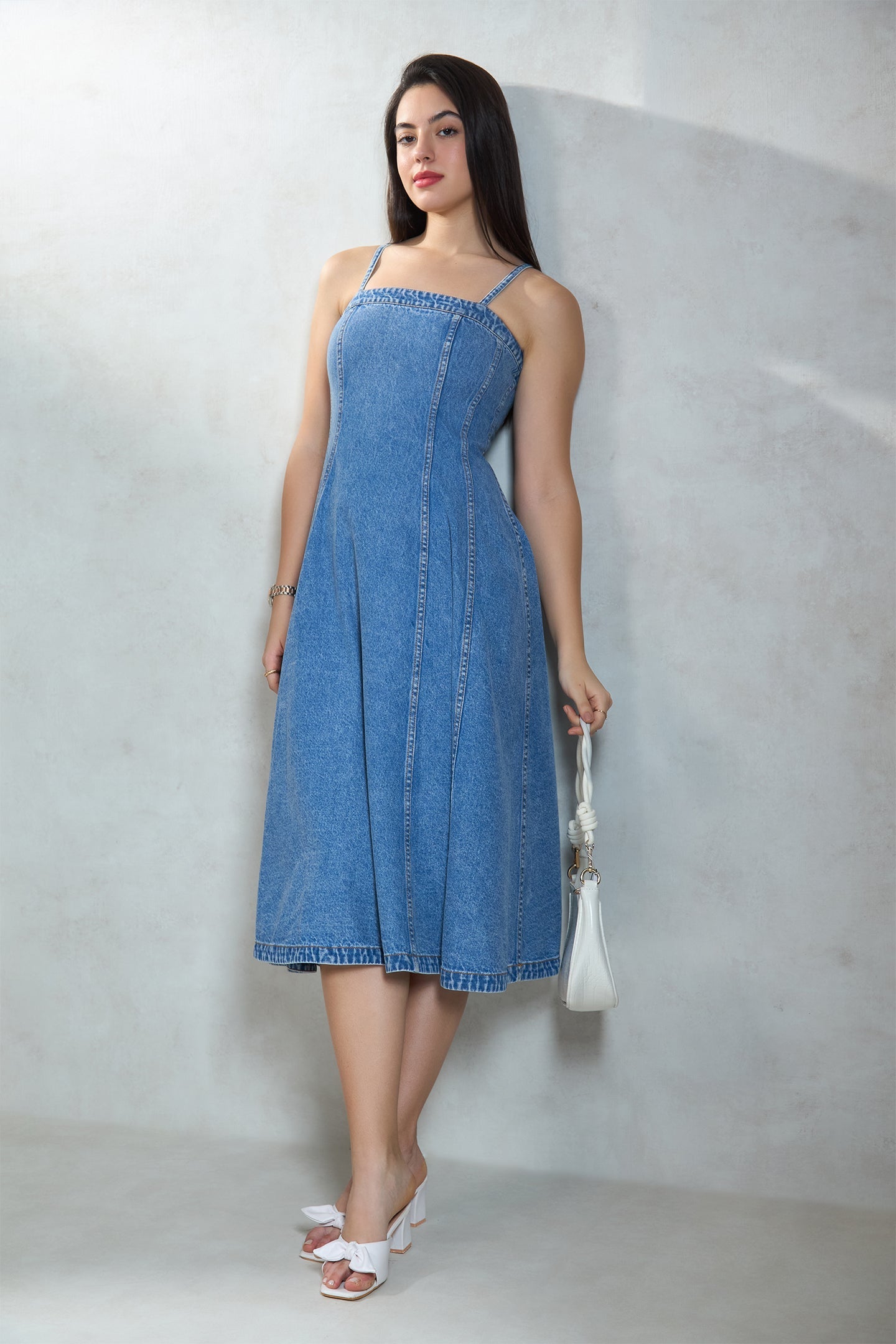 Elodie Denim Banded Midi Dress