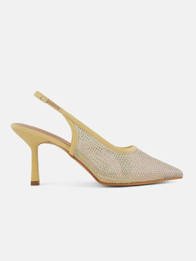 Yellow Embellished Pointed Toe Stiletto Heeled Pumps