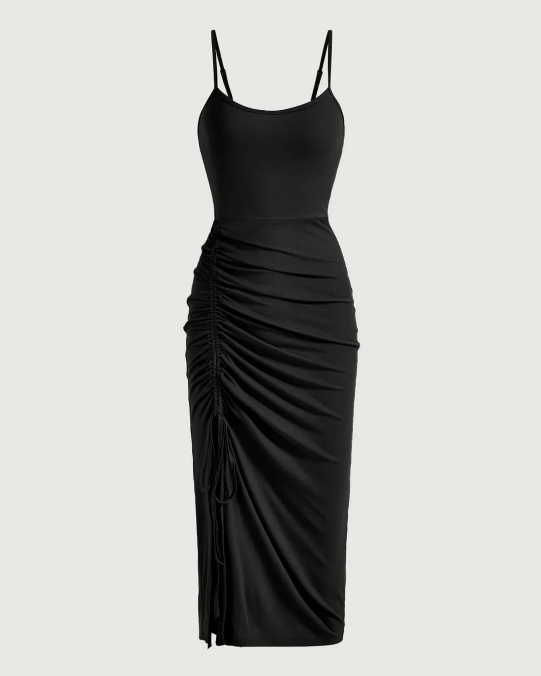 Solid Color Ruched Drawstring Midi Dress In Black