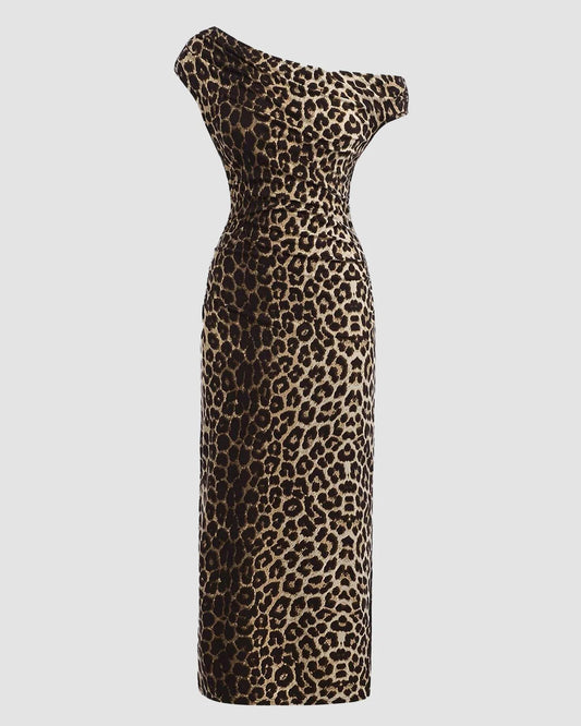 Leopard Print Asymmetrical Shoulder Ruched Waist A-Line Dress