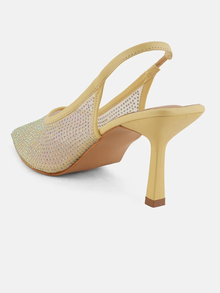 Yellow Embellished Pointed Toe Stiletto Heeled Pumps