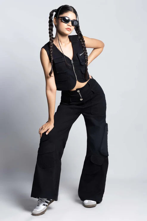 Twin zip wide leg cargo pants