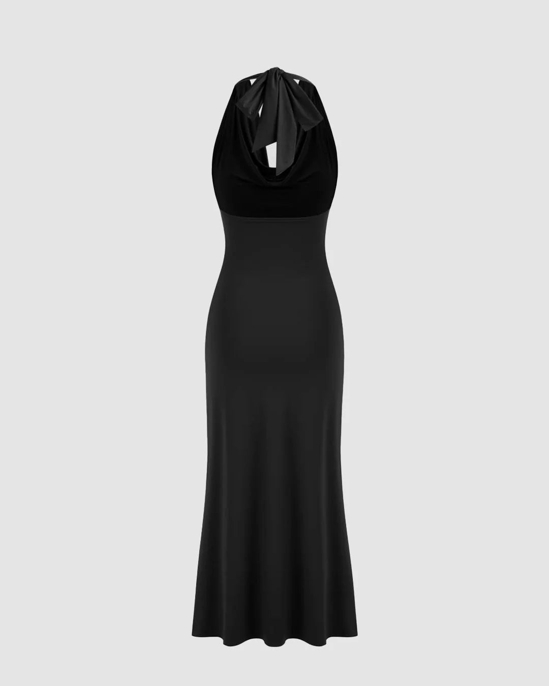 Cowl Neckline Solid Ruched Black Maxi Dress