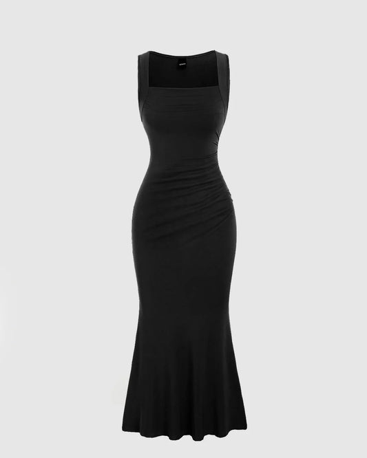 Solid Color Square Neckline Pleated Waist & Sleeveless Black Dress