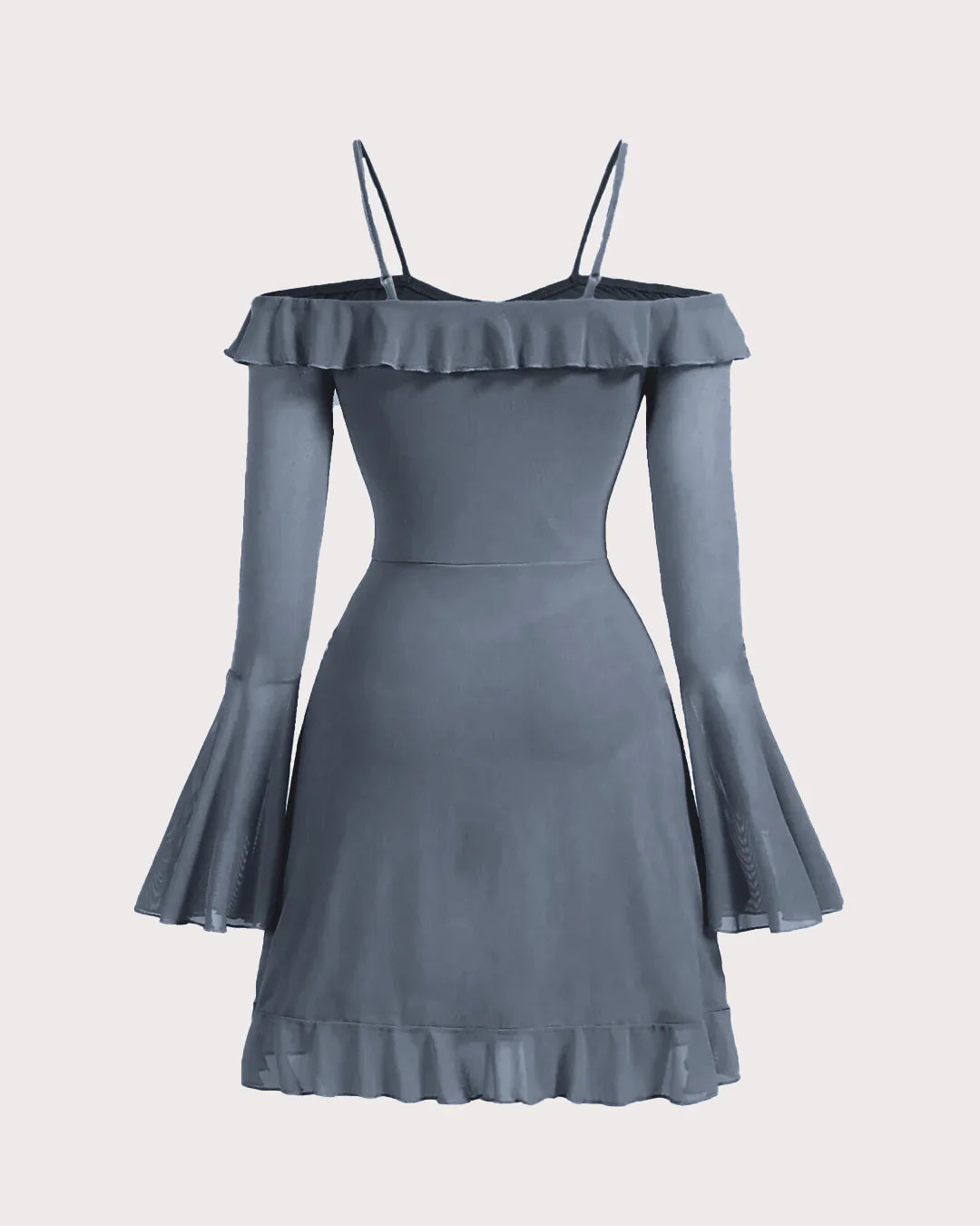 Cold Shoulder Ruffle Trim Flounce Sleeve Dress in Grey