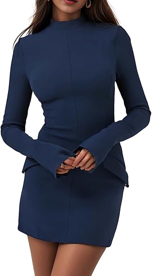 Yoolin Women's Sexy Wrap Bodycon Dress Long Bell Sleeve Mini Dresses Flap Pocket Mock Neck