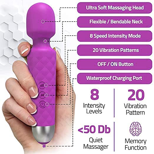 Personal Electric Body Massager 20+ Vibration Modes, Rechargeable, Handheld, Cordless, Waterproof, for Women and Men, Flexible Head for Targeted Compression (Multi) (purple)