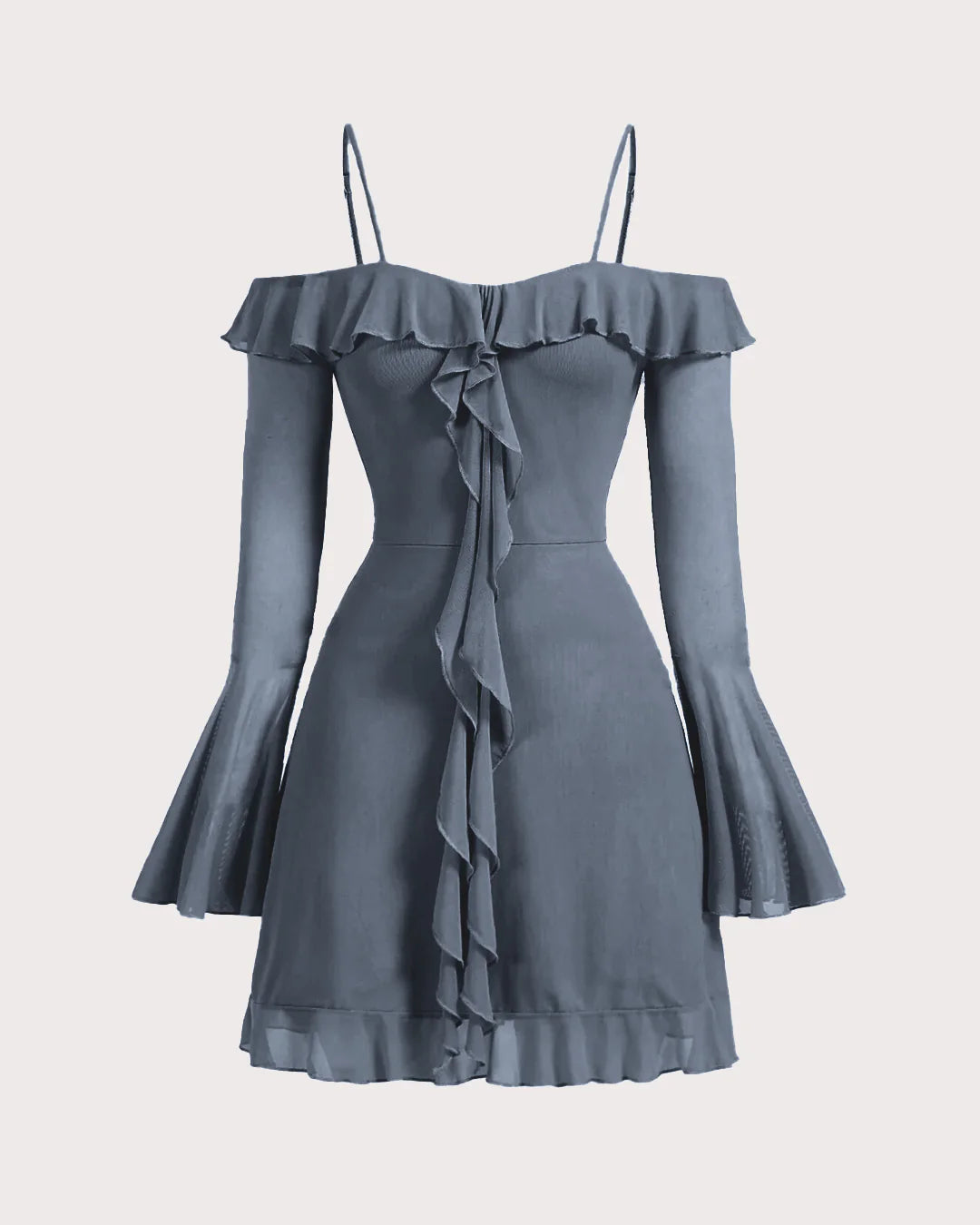 Cold Shoulder Ruffle Trim Flounce Sleeve Dress in Grey