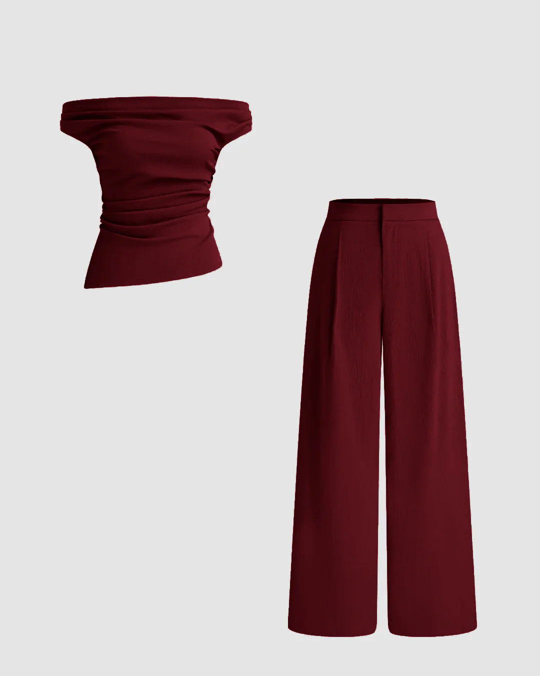 Off-Shoulder Ruched Top With Straight Leg Trousers