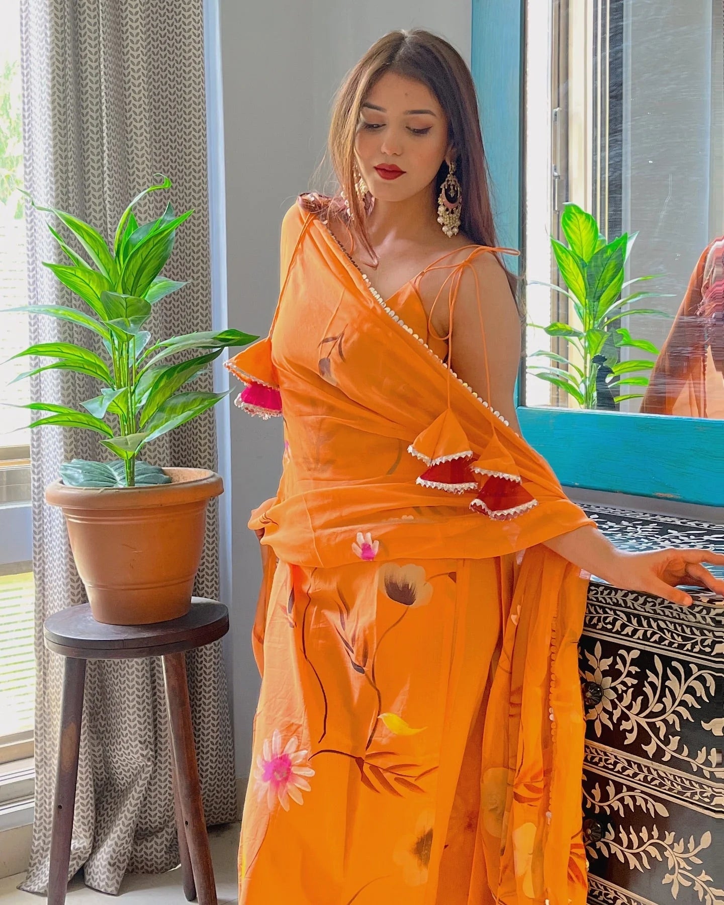 Orange Suit Set with Floral Handprinted Motifs