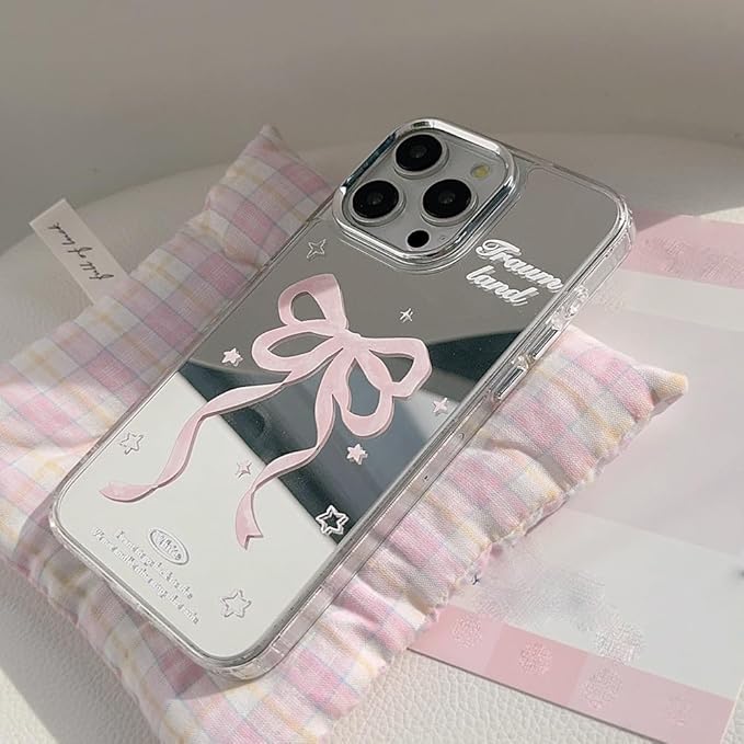 Designed for iPhone Case, Ribbons Bow Tie Star Makeup Mirror Soft Phone Case (Silver,for iPhone 14)