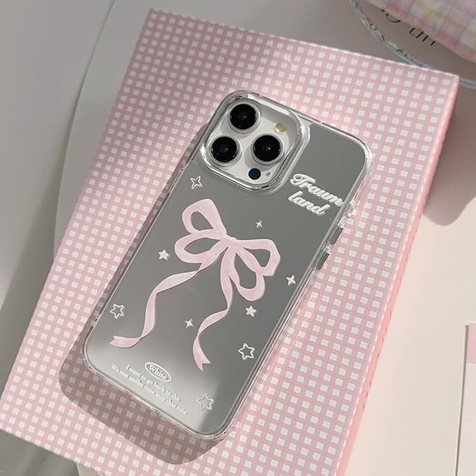 Designed for iPhone Case, Ribbons Bow Tie Star Makeup Mirror Soft Phone Case (Silver,for iPhone 14)