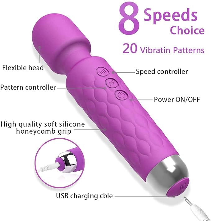 Personal Electric Body Massager 20+ Vibration Modes, Rechargeable, Handheld, Cordless, Waterproof, for Women and Men, Flexible Head for Targeted Compression (Multi) (purple)