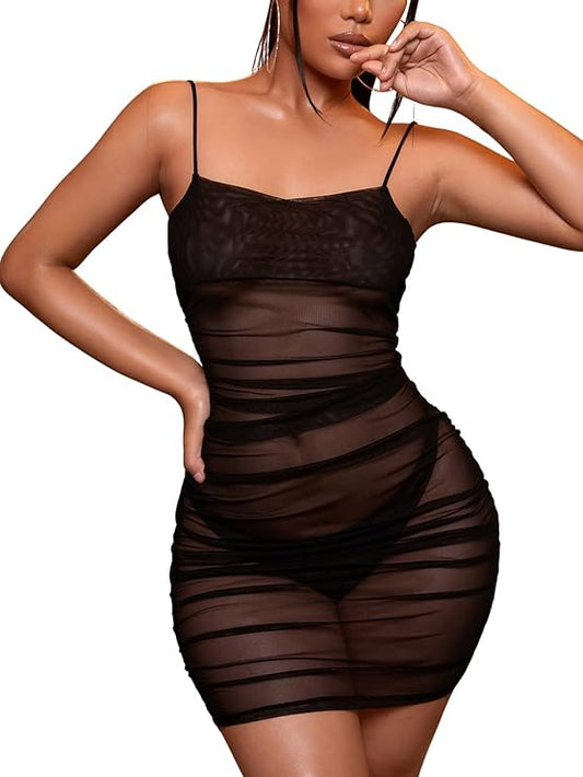 Verdusa Women's Ruched See Through Mesh Spaghetti Strap Bodycon Cami Dress