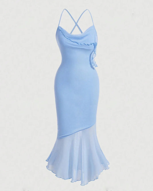 Solid Color High Low Blue Mesh Cami Dress