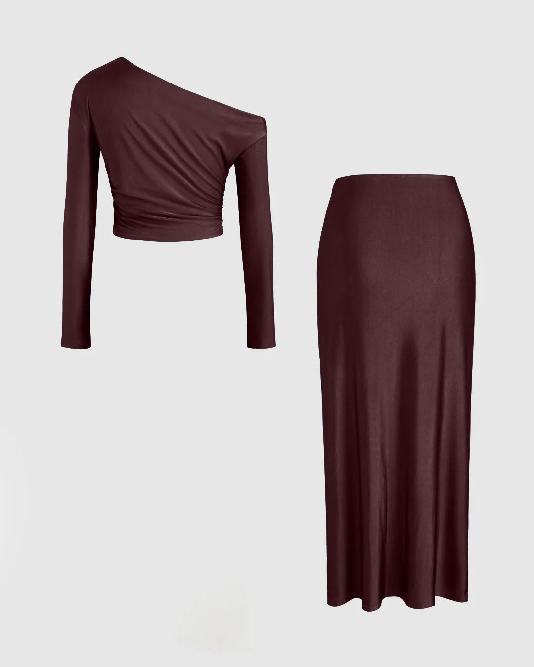 Asymmetrical Neck Long Sleeve Crop Top & Mid Rise Ruched Maxi Skirt