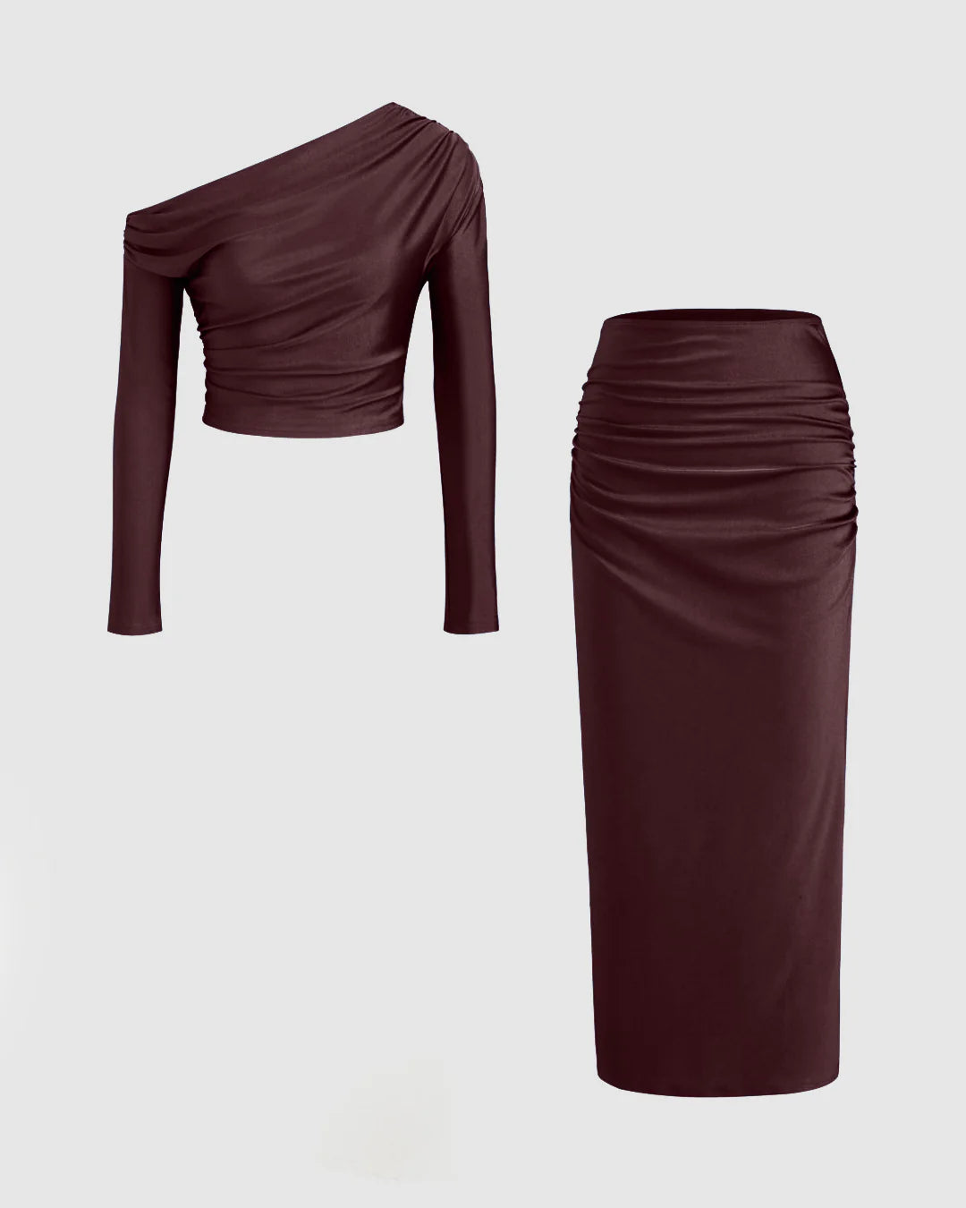 Asymmetrical Neck Long Sleeve Crop Top & Mid Rise Ruched Maxi Skirt