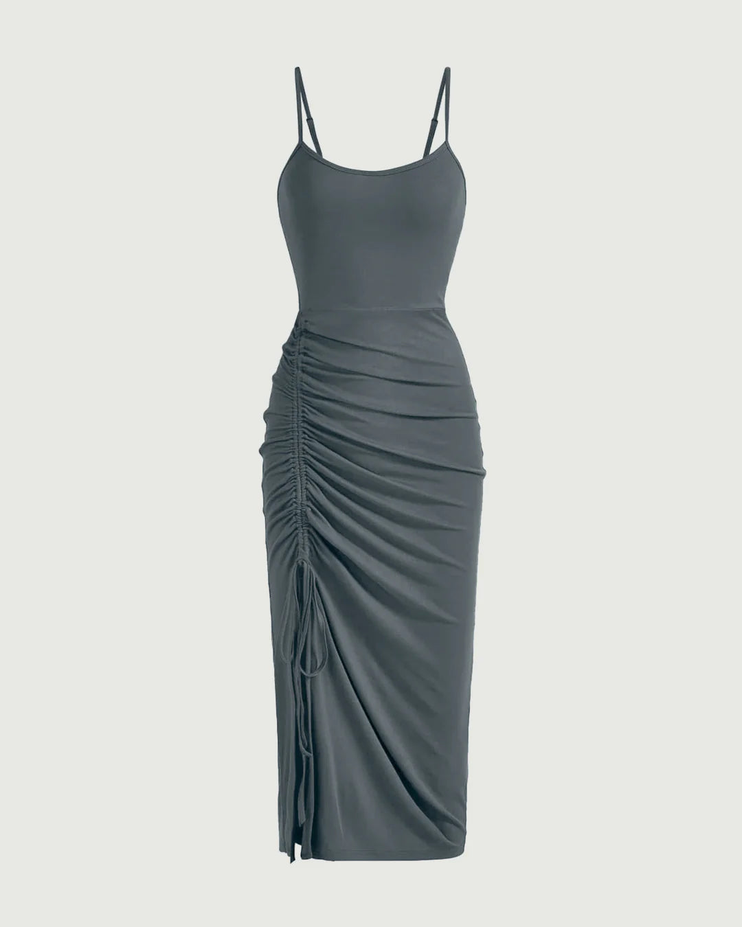 Solid Color Ruched Drawstring Midi Dress In Black