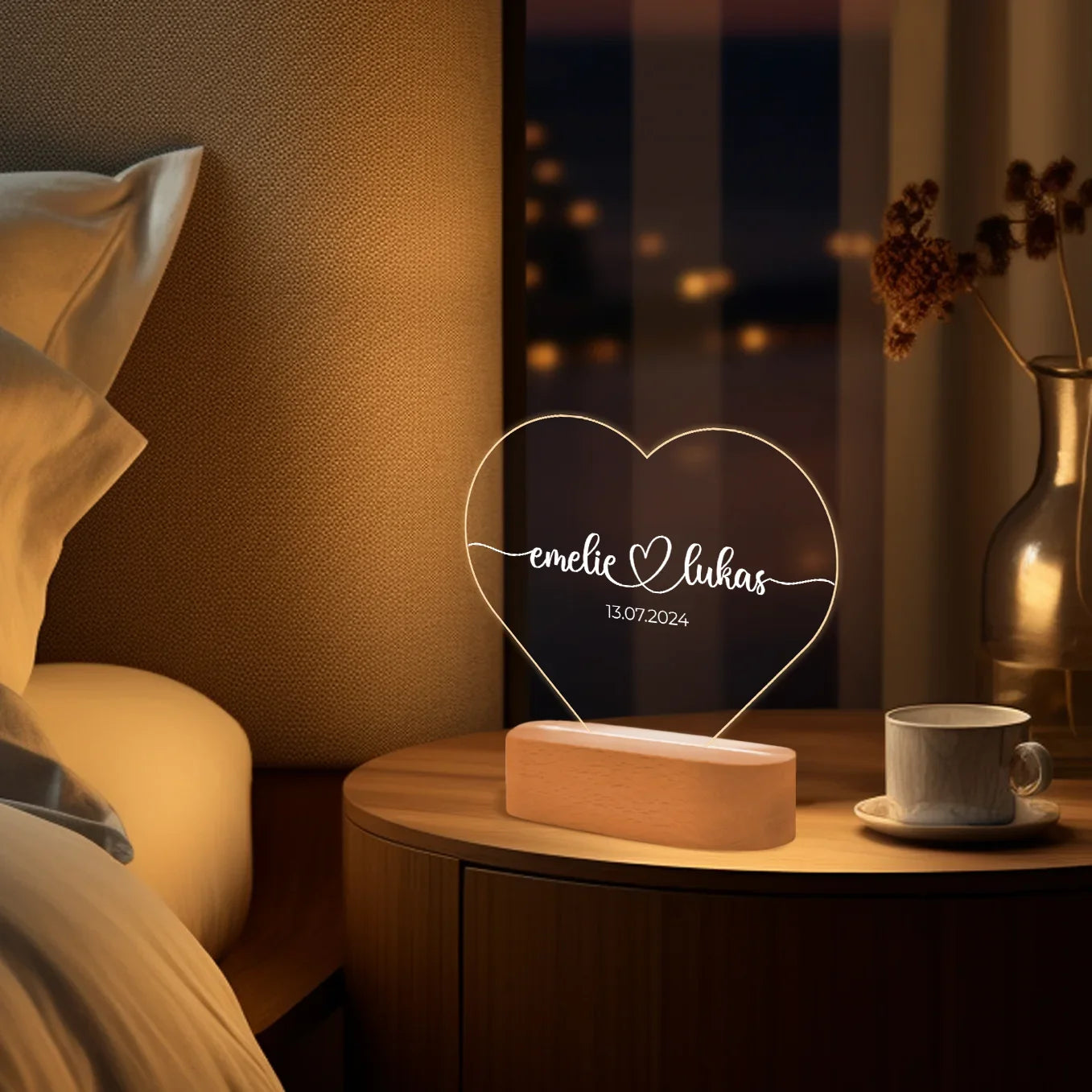 Personalized Heart Acrylic Light "Names & Date" | Nightlight, Decorative Light, Glowlight