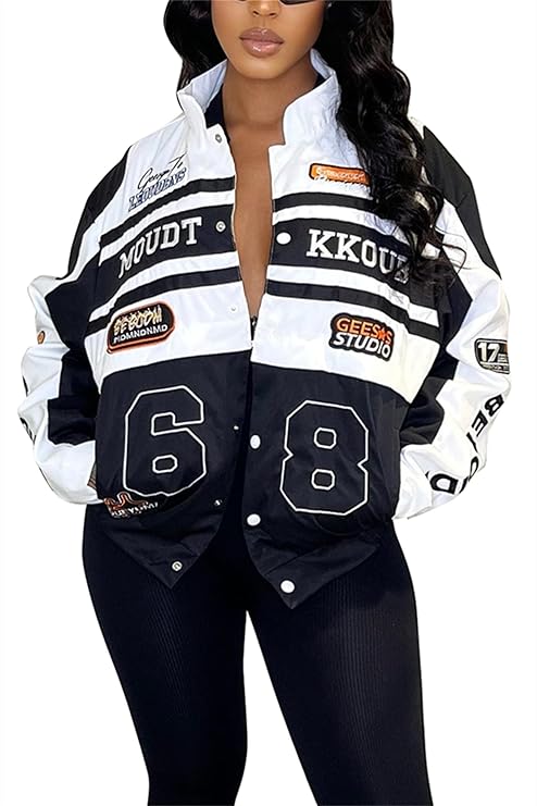 CALEBGAR Women Varsity Jacket Motorcycle Detachable Letter Graphic Racer Vintage Colorblock Baseball Coats Streetwear