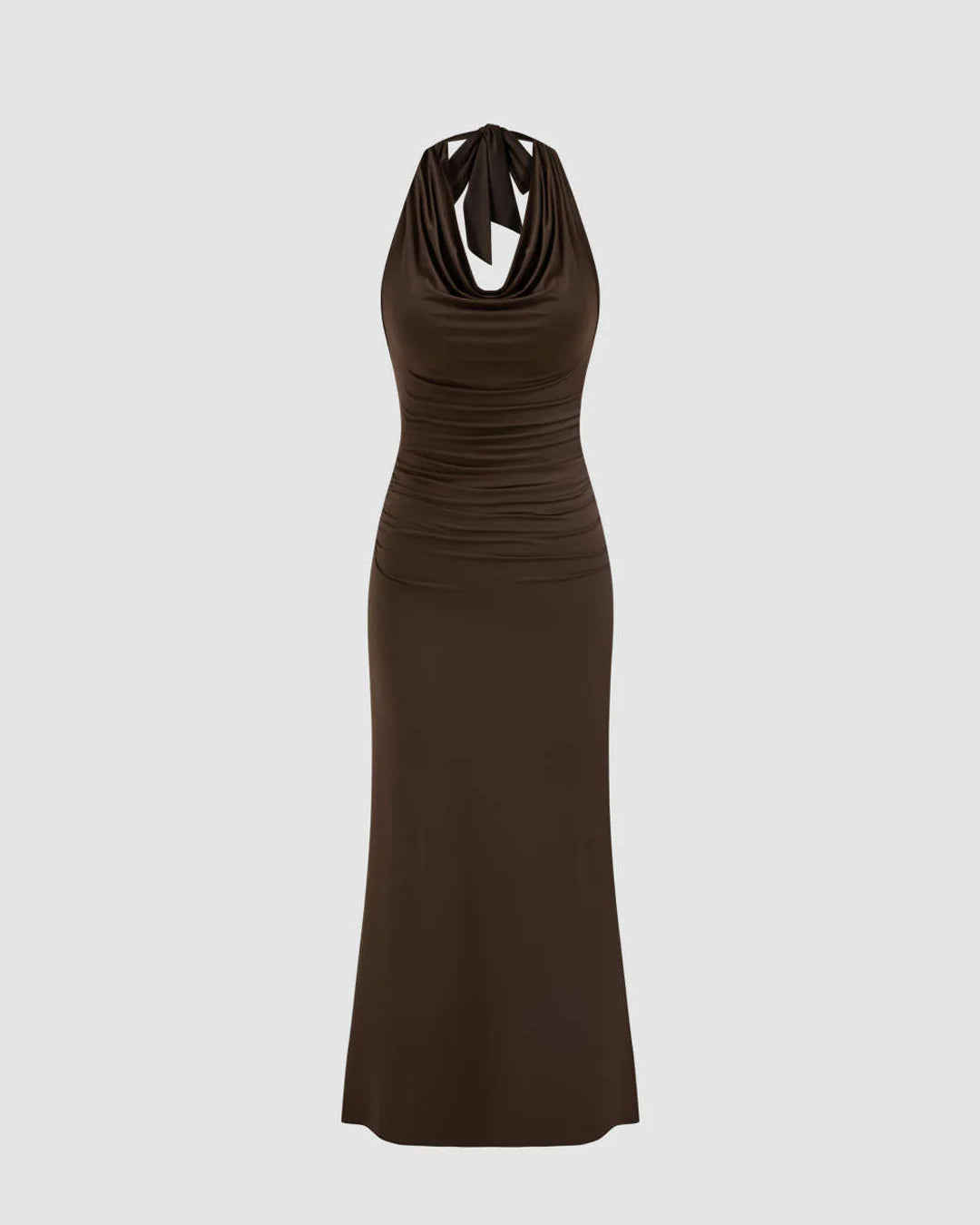 Cowl Neckline Solid Ruched Black Maxi Dress