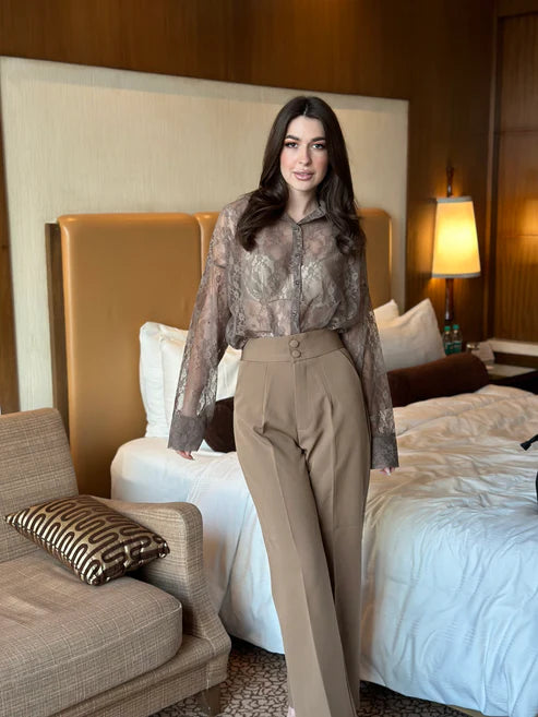 Lace See Through Shirt With Beige Pants