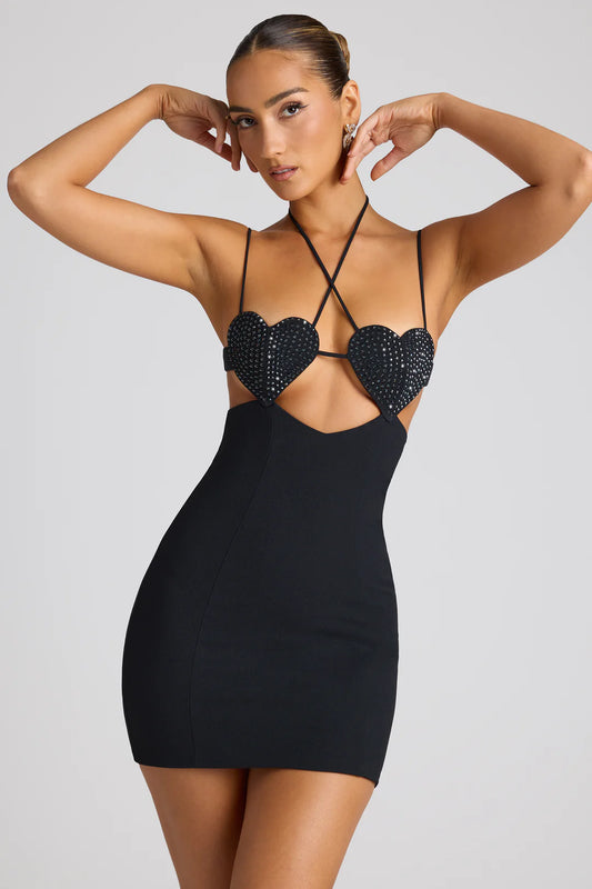 Embellished Heart Cup Detail Mini Dress in Black