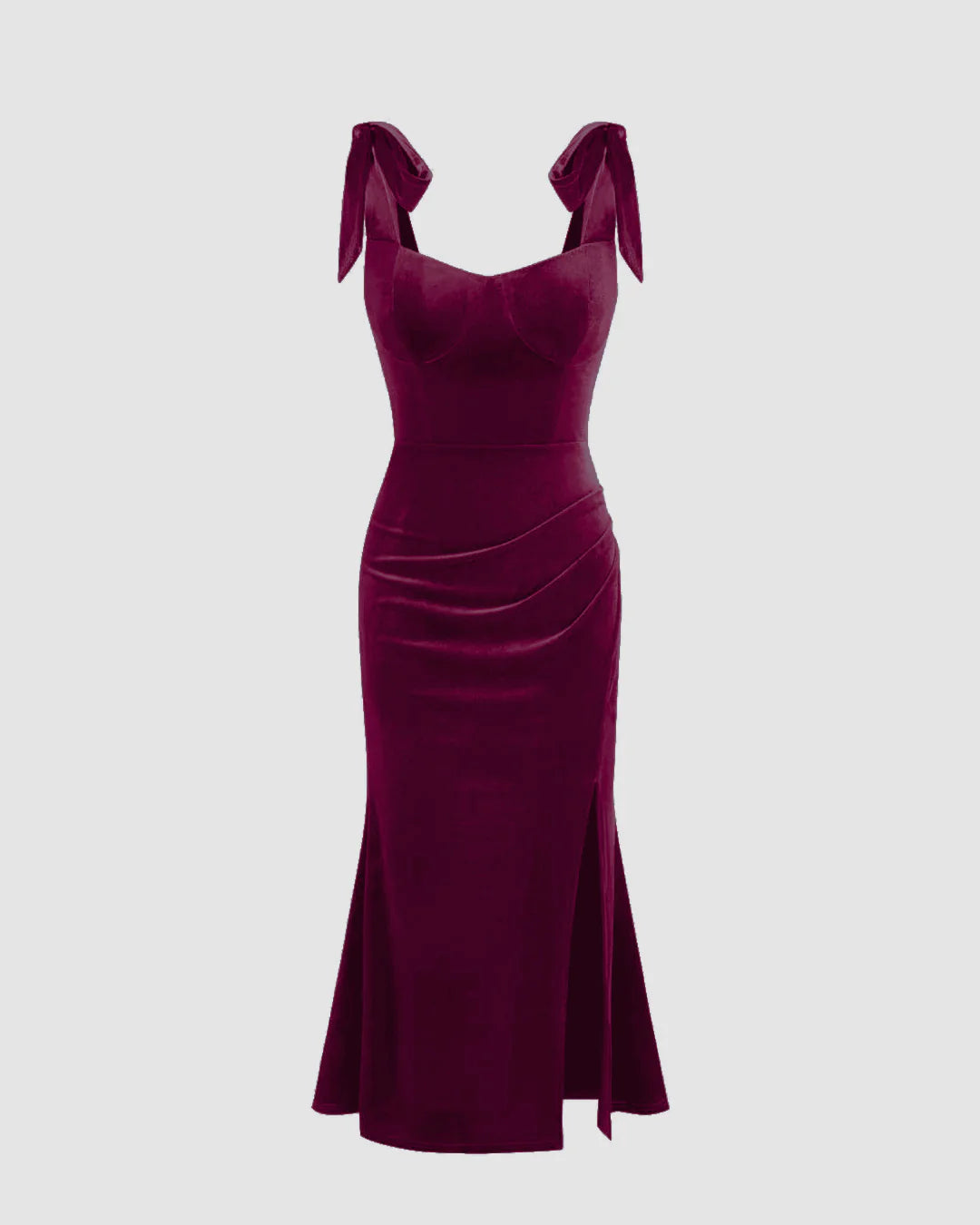 Velvet Sweetheart Neckline Split Ruched Knotted Maxi