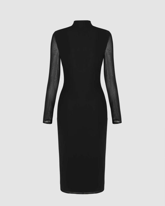 Mock Neck Sheer Slit Black Midi Dress