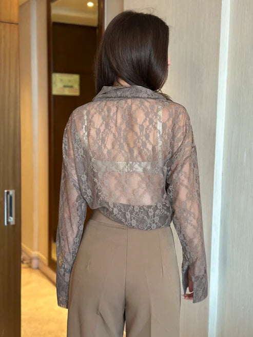 Lace See Through Shirt With Beige Pants