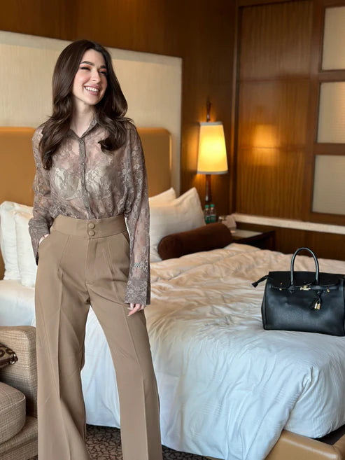 Lace See Through Shirt With Beige Pants