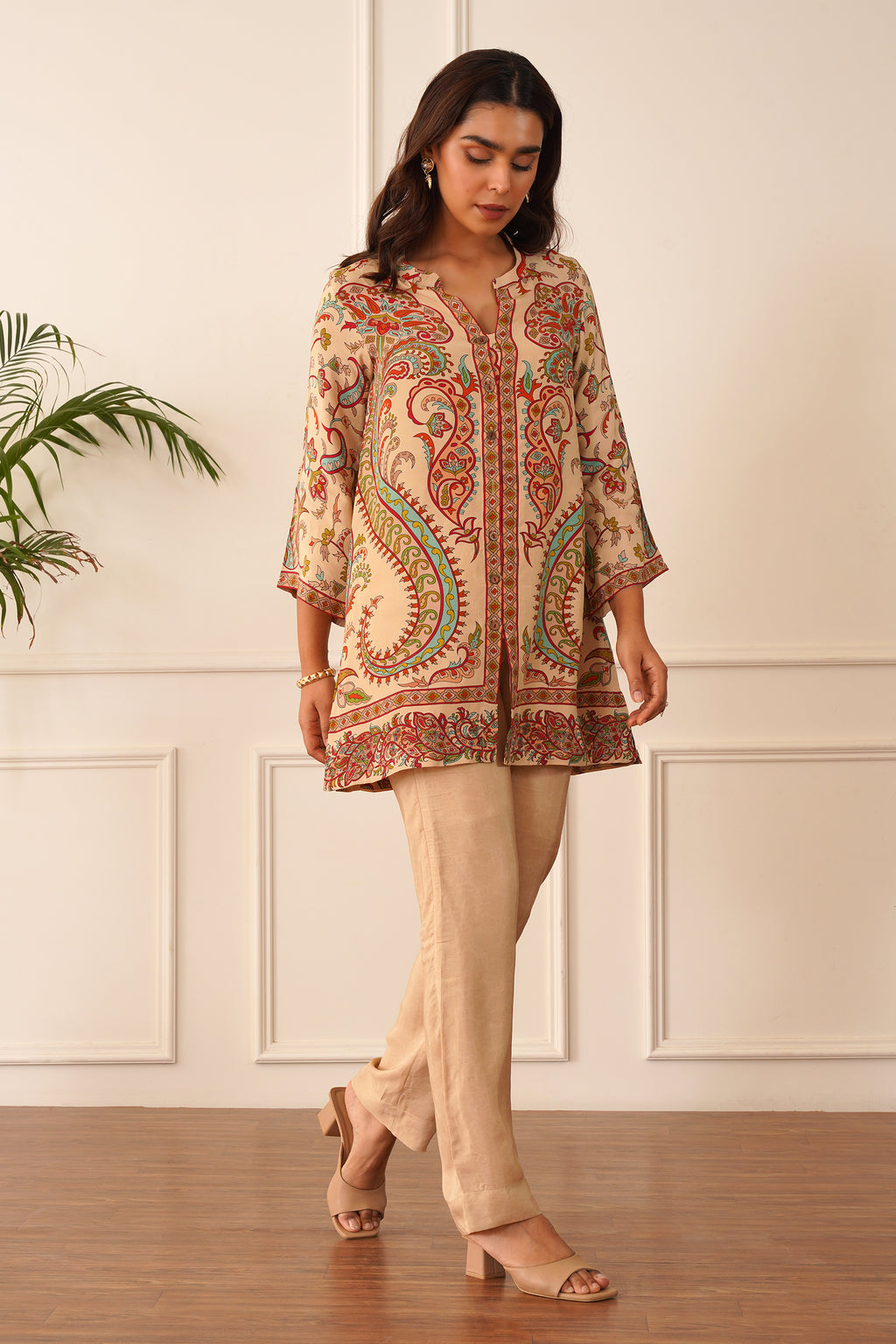 Beige Printed Crepe Set